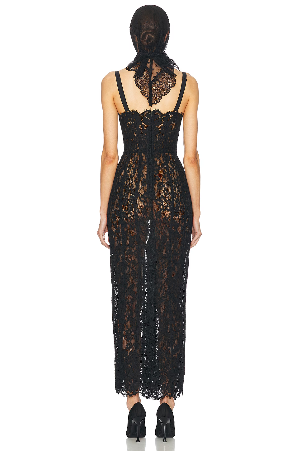 Black Sheer Floral Lace Corset Maxi Dress