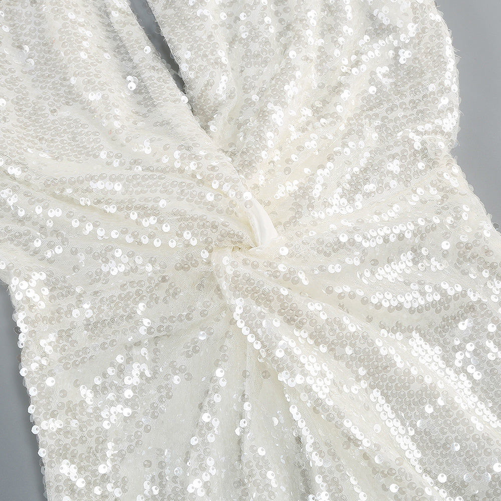 Multi-Jewel Halter Twist-Front Sequin Evening Gown - White