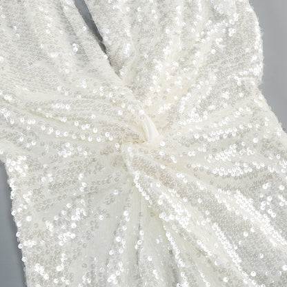 Multi-Jewel Halter Twist-Front Sequin Evening Gown - White