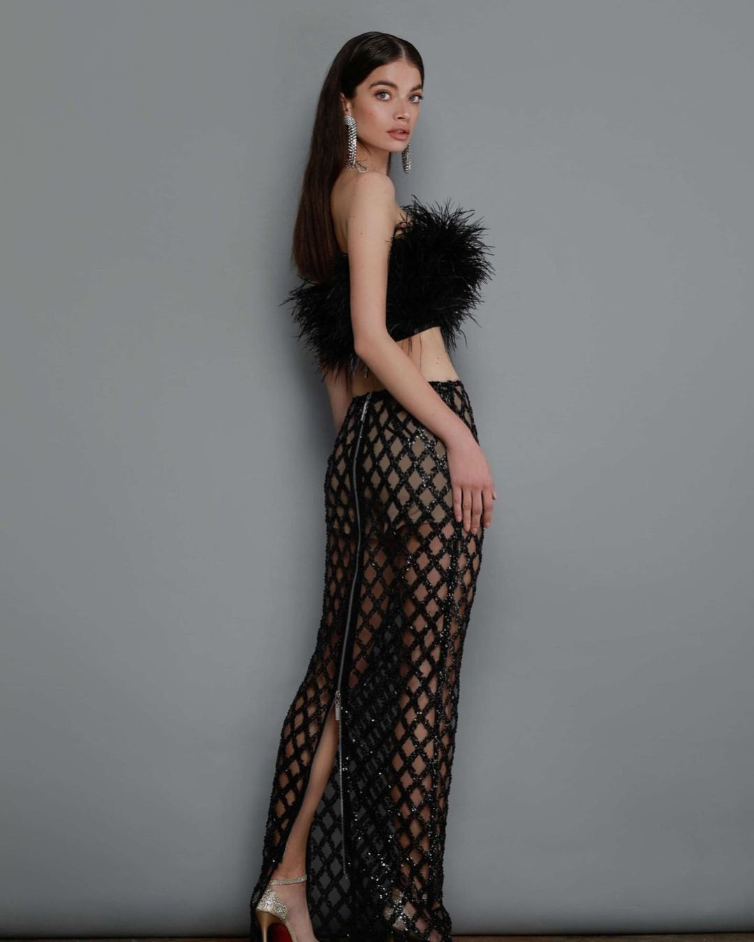 Midnight Noir Feather & Sequin Two-Piece Set