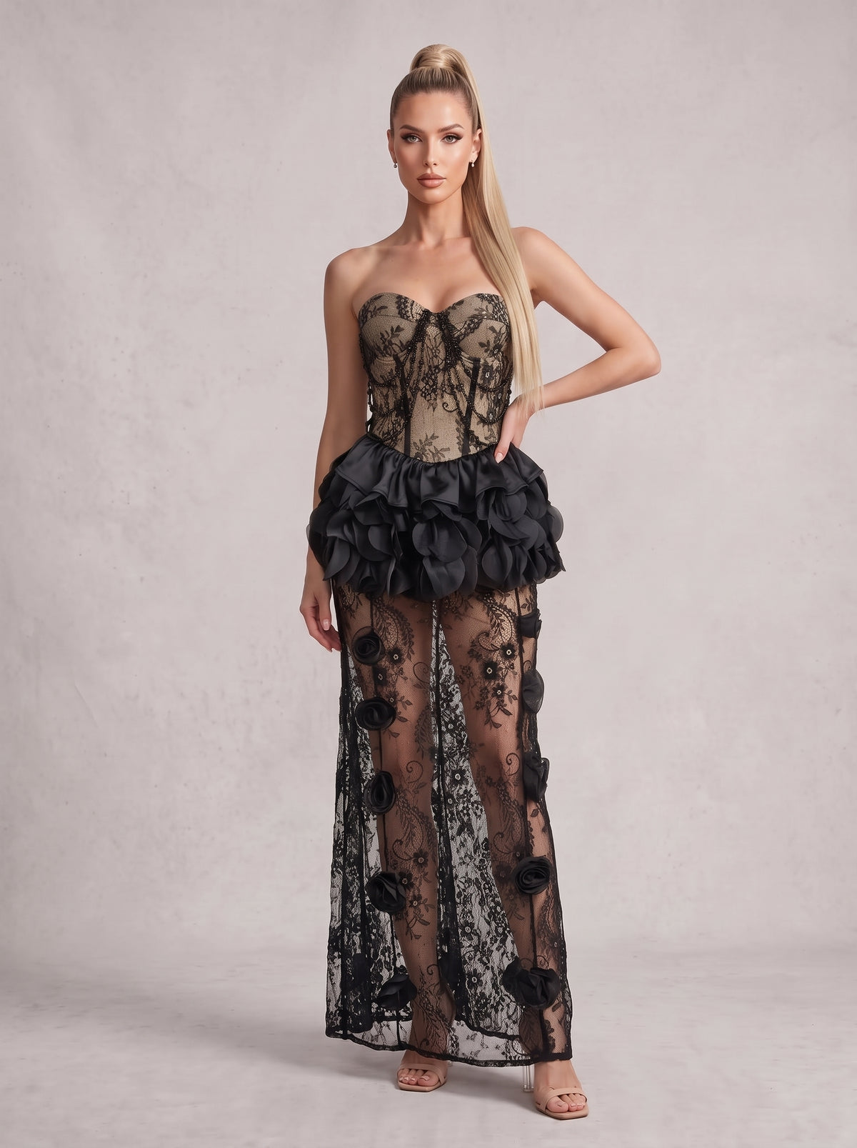 Dark Romance Sheer Lace Gown with 3D Rosettes