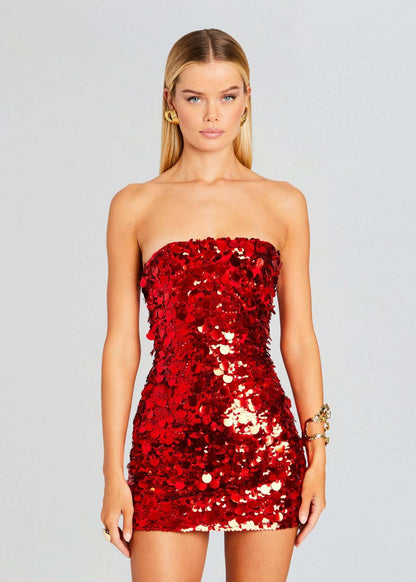 Crimson Red Paillette Strapless Mini Dress