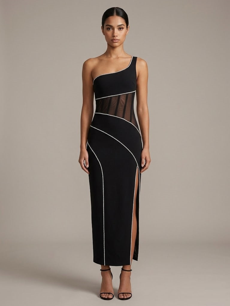 Crystal-Trimmed One-Shoulder Midi Dress with Mesh Cutouts