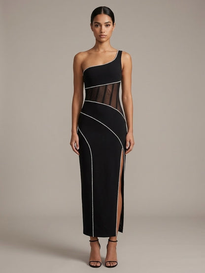 Crystal-Trimmed One-Shoulder Midi Dress with Mesh Cutouts