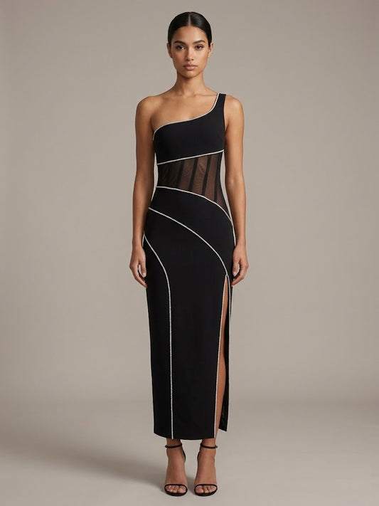 Crystal-Trimmed One-Shoulder Midi Dress with Mesh Cutouts