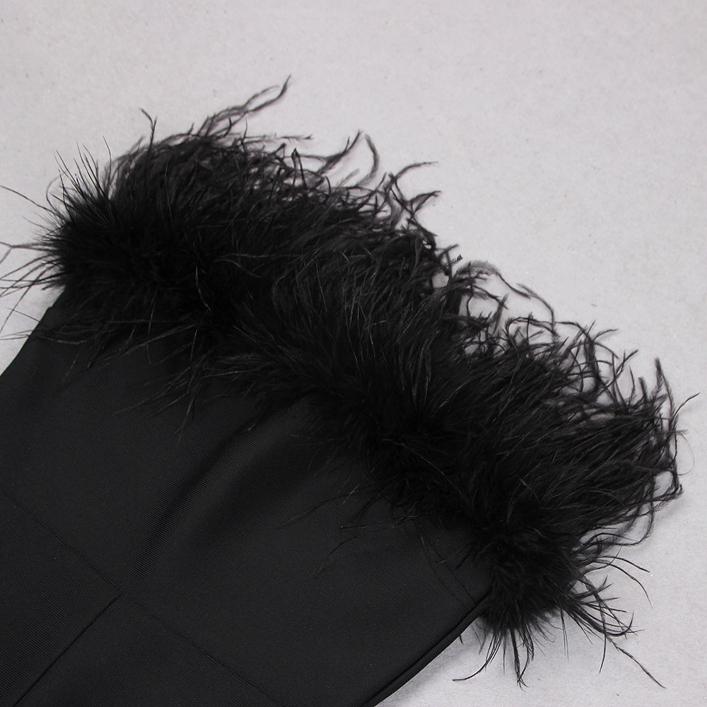 Noir Elegance Strapless Feather Flared Jumpsuit