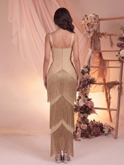 Crystal-Draped Tiered Fringe Gown - Champagne Gold