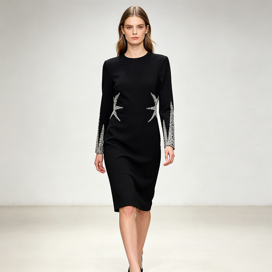 Black Crystal Embellished Long Sleeve Sheath Dress