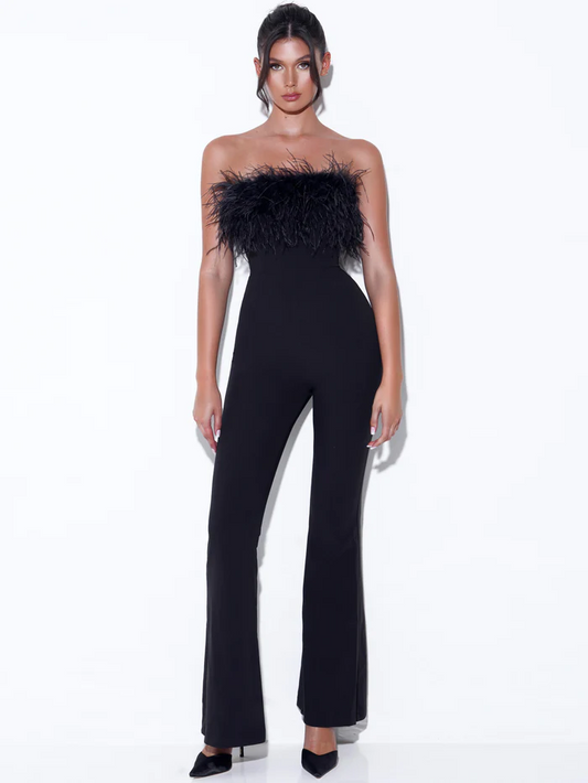 Noir Elegance Strapless Feather Flared Jumpsuit