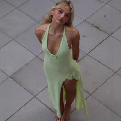 Light green halter maxi dress with a thigh-high slit