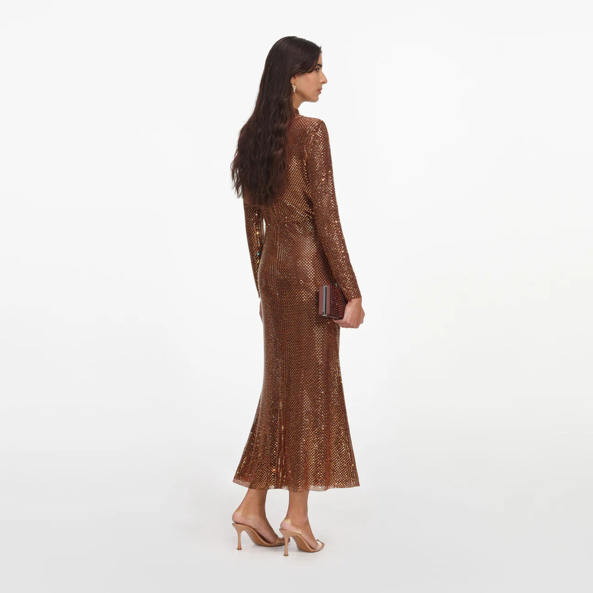 High-Neck Metallic Sequin Fluted Dress - Burnished Bronze