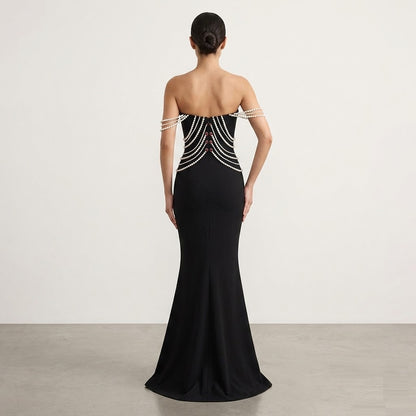 Elegant Black Strapless Evening Gown with Pearl Embellishments