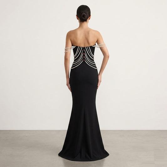 Elegant Black Strapless Evening Gown with Pearl Embellishments