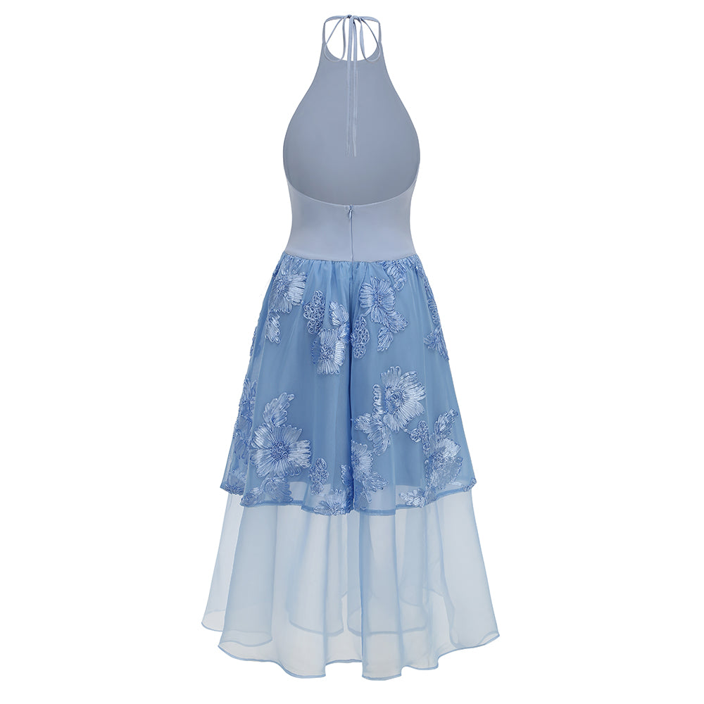 Powder Blue Floral Appliqué Halter Midi Dress