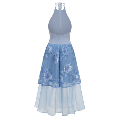 Powder Blue Floral Appliqué Halter Midi Dress
