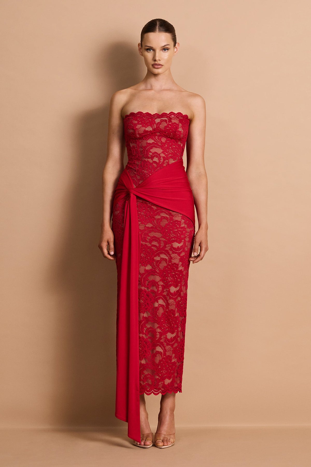 Strapless Illusion Lace Midi Dress with Draped Sash - White