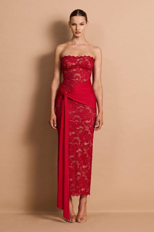 Strapless Illusion Lace Midi Dress with Draped Sash - White