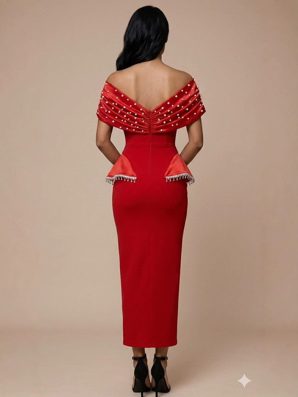 Crimson Red Pearl-Embellished Off-the-Shoulder Dress