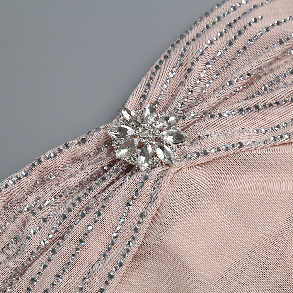 Embellished Ruched Mesh Strapless Gown with Choker - Nude