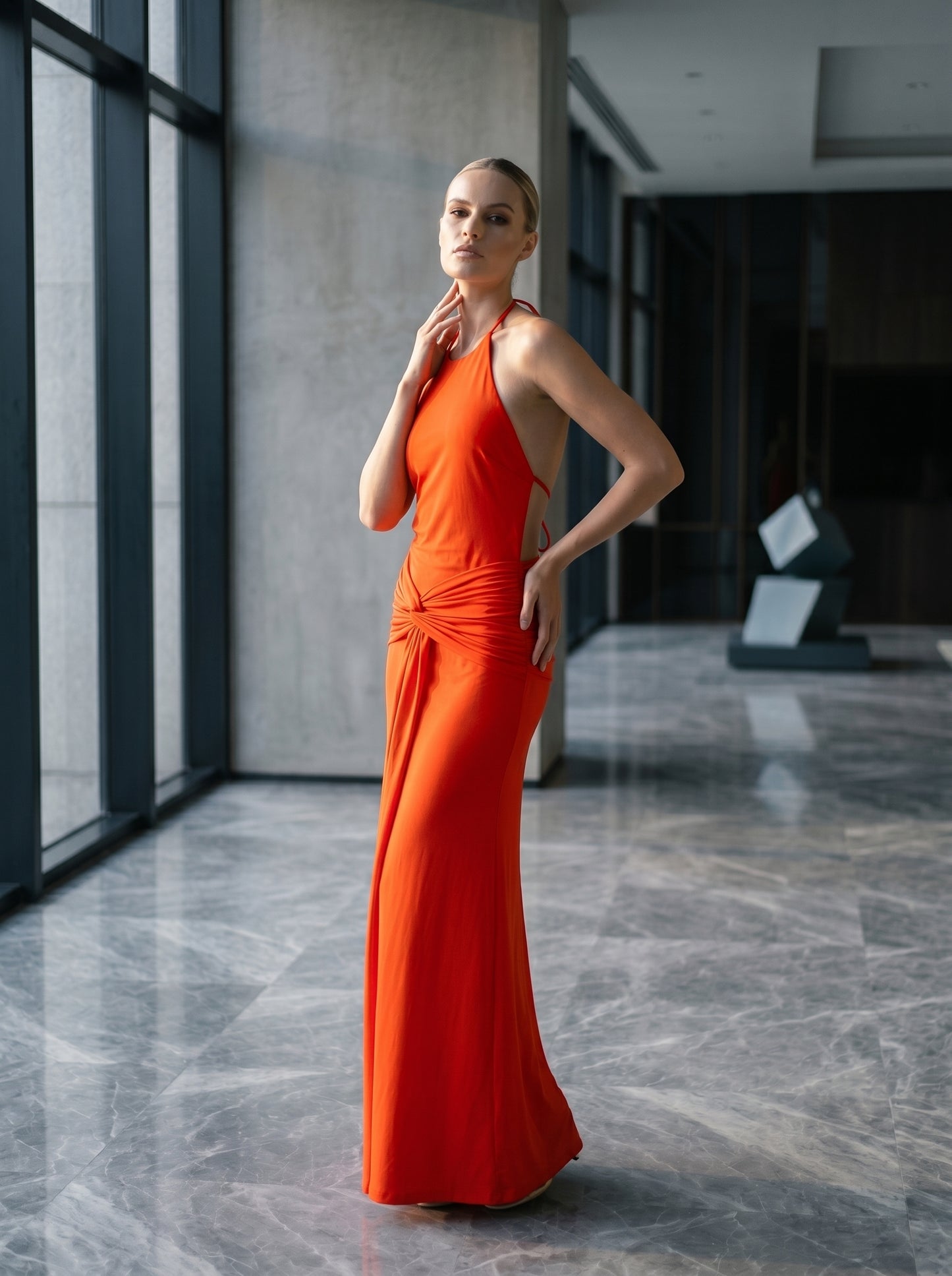 Elegant Orange Backless Evening Gown