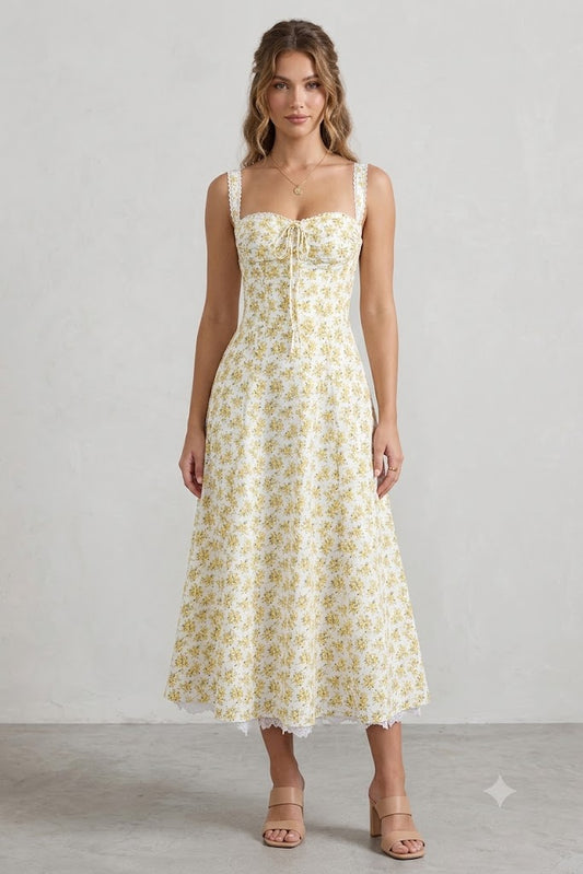 White and Yellow Ditsy Floral Sweetheart Midi Dress
