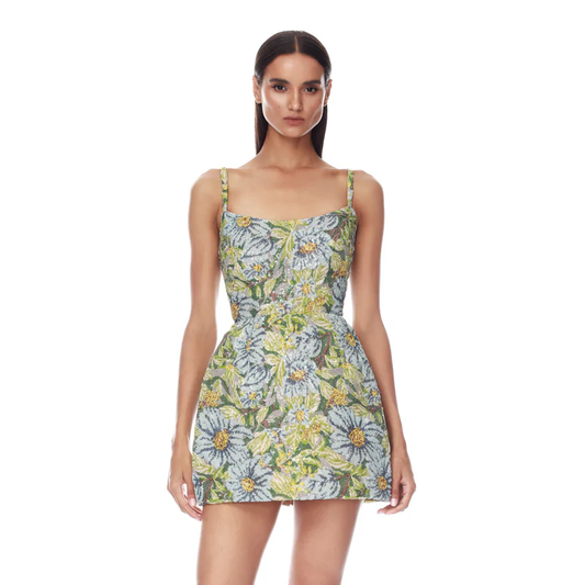 Botanical Jacquard A-Line Mini Dress - Pastel Blue & Green