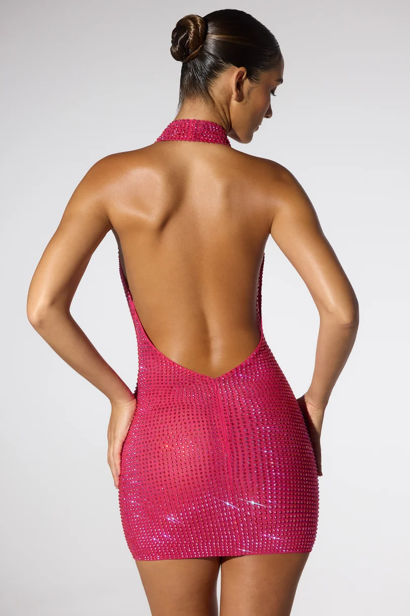 Hot Pink Rhinestone Cowl Neck Halter Mini Dress