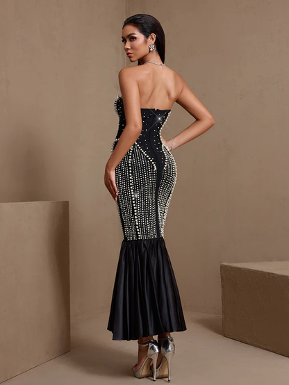 Pearl-Encrusted Strapless Mermaid Midi Dress - Black