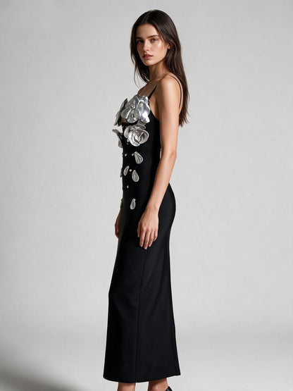 Avant-Garde Black Gown with Silver Floral Embellishments