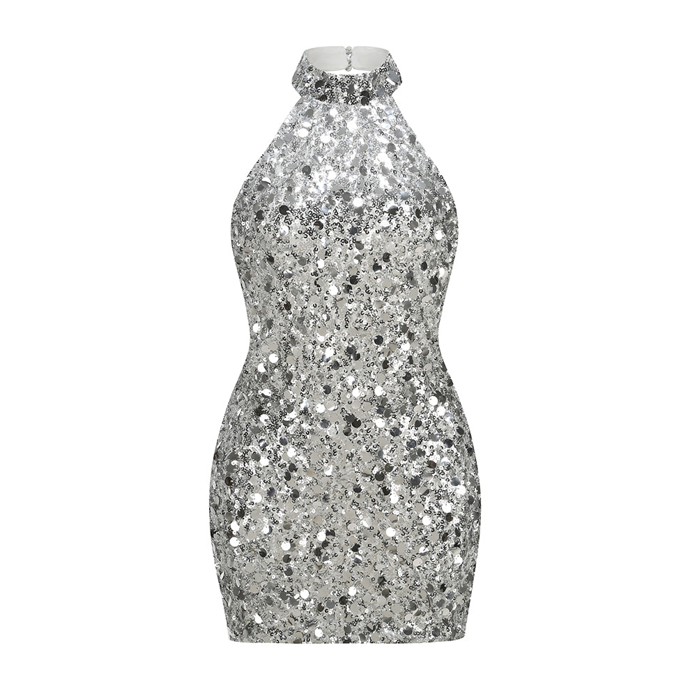 Metallic Paillette Sequin Halter Mini Dress - Silver