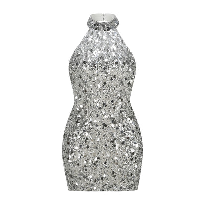 Metallic Paillette Sequin Halter Mini Dress - Silver