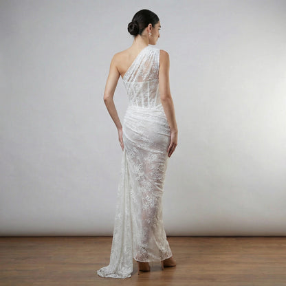 Radiant Lace One-Shoulder Corset Gown