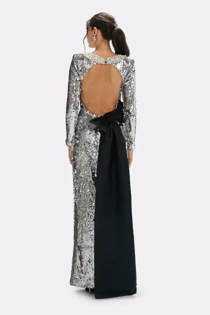 Liquid Silver Sequined Column Gown with Contrast Cape Detail