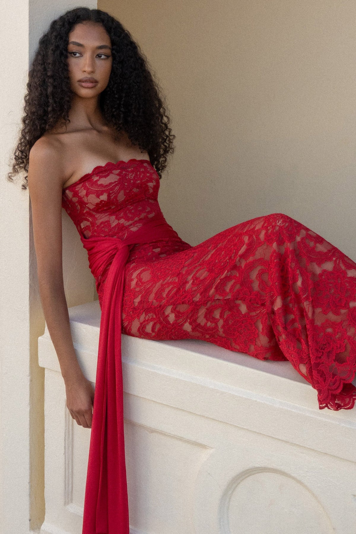 Strapless Illusion Lace Midi Dress with Draped Sash - White
