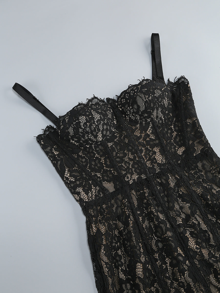 Black Sheer Floral Lace Corset Maxi Dress