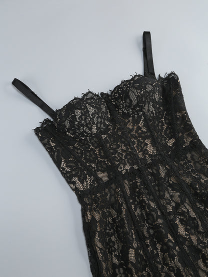 Black Sheer Floral Lace Corset Maxi Dress