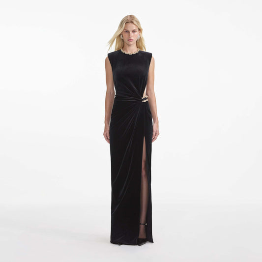 Black Velvet Ruched Cutout Evening Gown