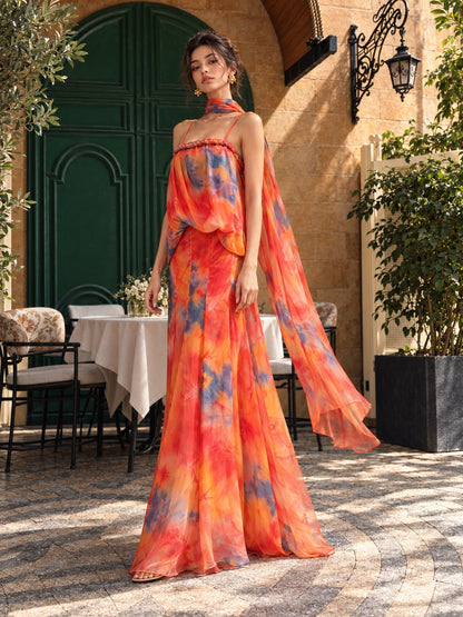 Vibrant Orange Tie-Dye Chiffon Evening Gown with Matching Scarf