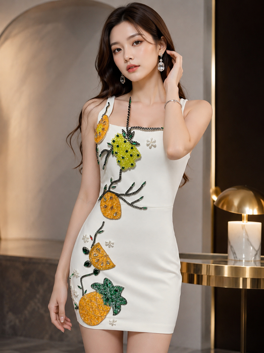 White Beaded Tropical Fruit Applique Mini Dress