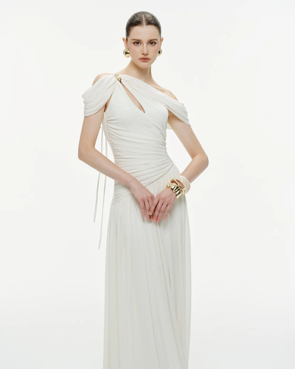 Elegant Off-the-Shoulder Ruched Chiffon Gown – Ivory