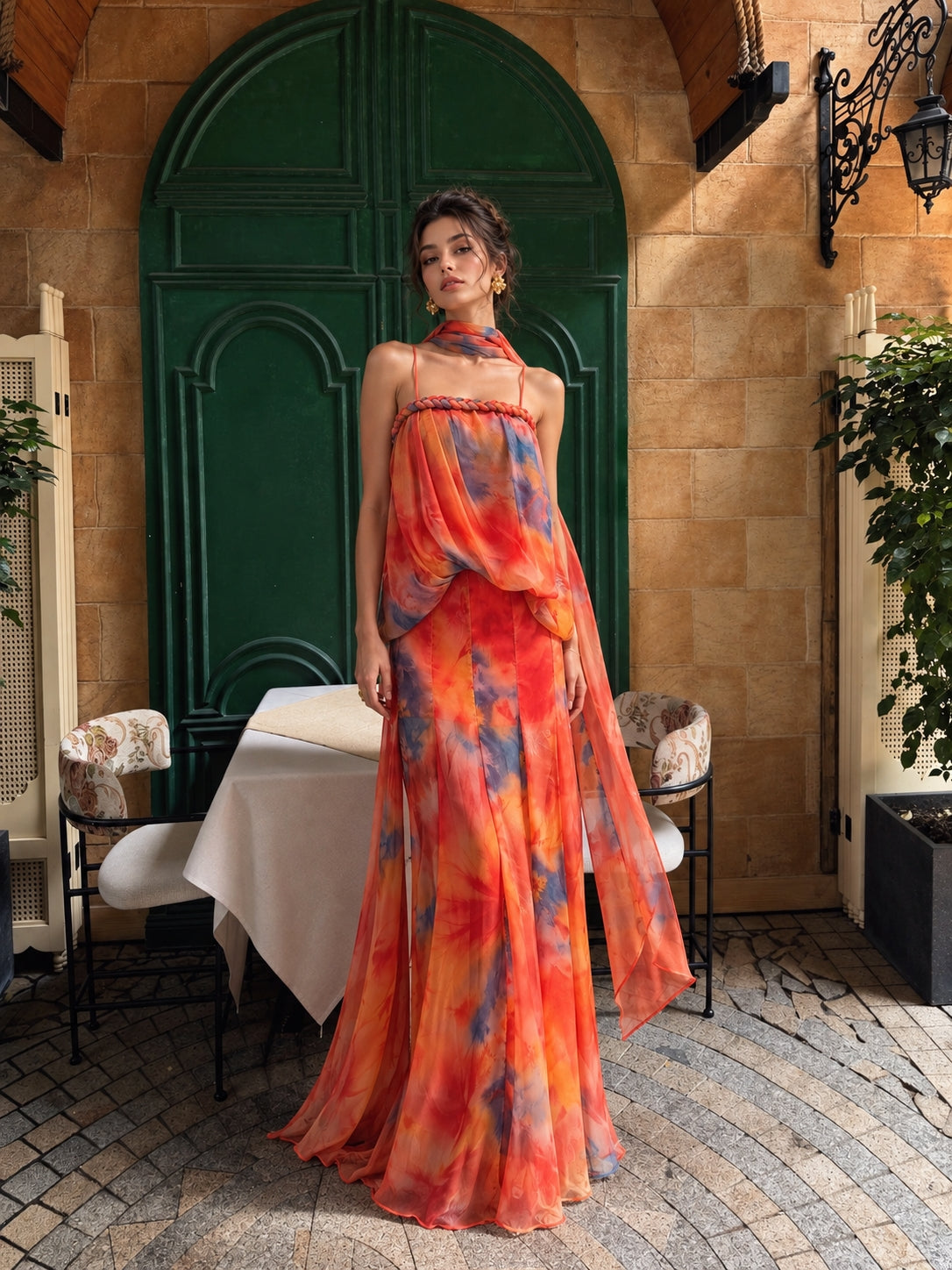 Vibrant Orange Tie-Dye Chiffon Evening Gown with Matching Scarf