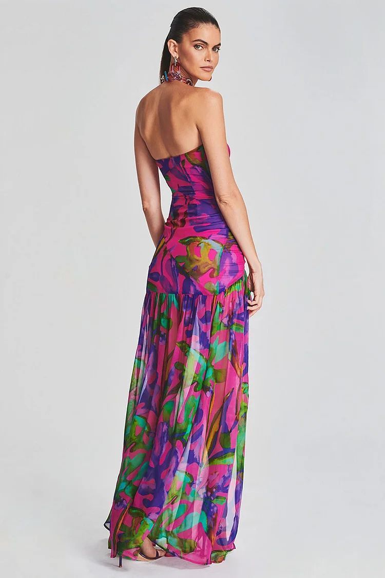 Vibrant Fuchsia Abstract Floral Strapless Maxi Dress
