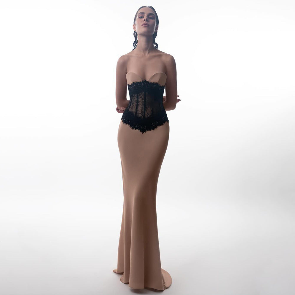 Genevieve Strapless Corset Gown in Nude and Black Lace