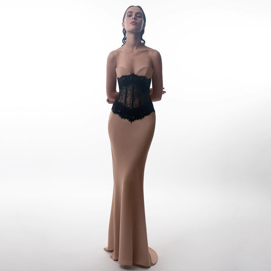 Genevieve Strapless Corset Gown in Nude and Black Lace