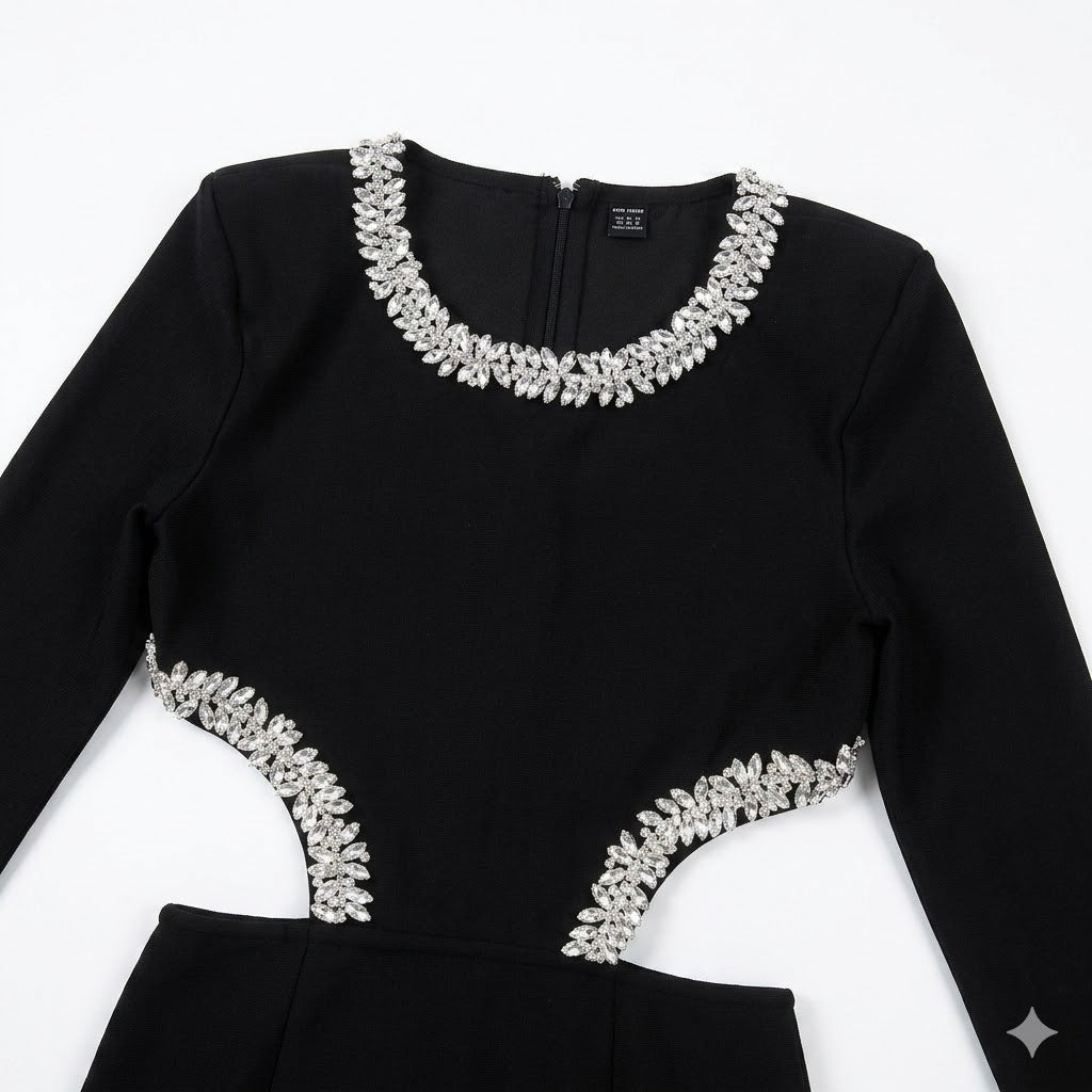 Crystal Embellished Waist Cutout Long Sleeve Midi Dress
