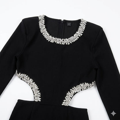 Crystal Embellished Waist Cutout Long Sleeve Midi Dress