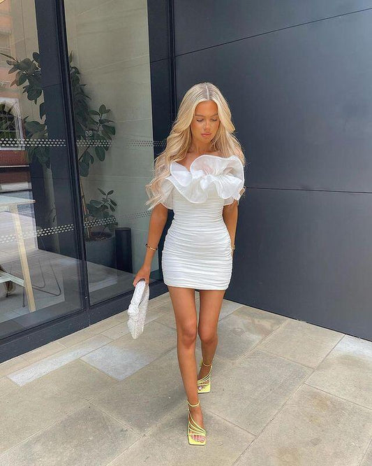 White Statement Ruffle Ruched Mini Dress
