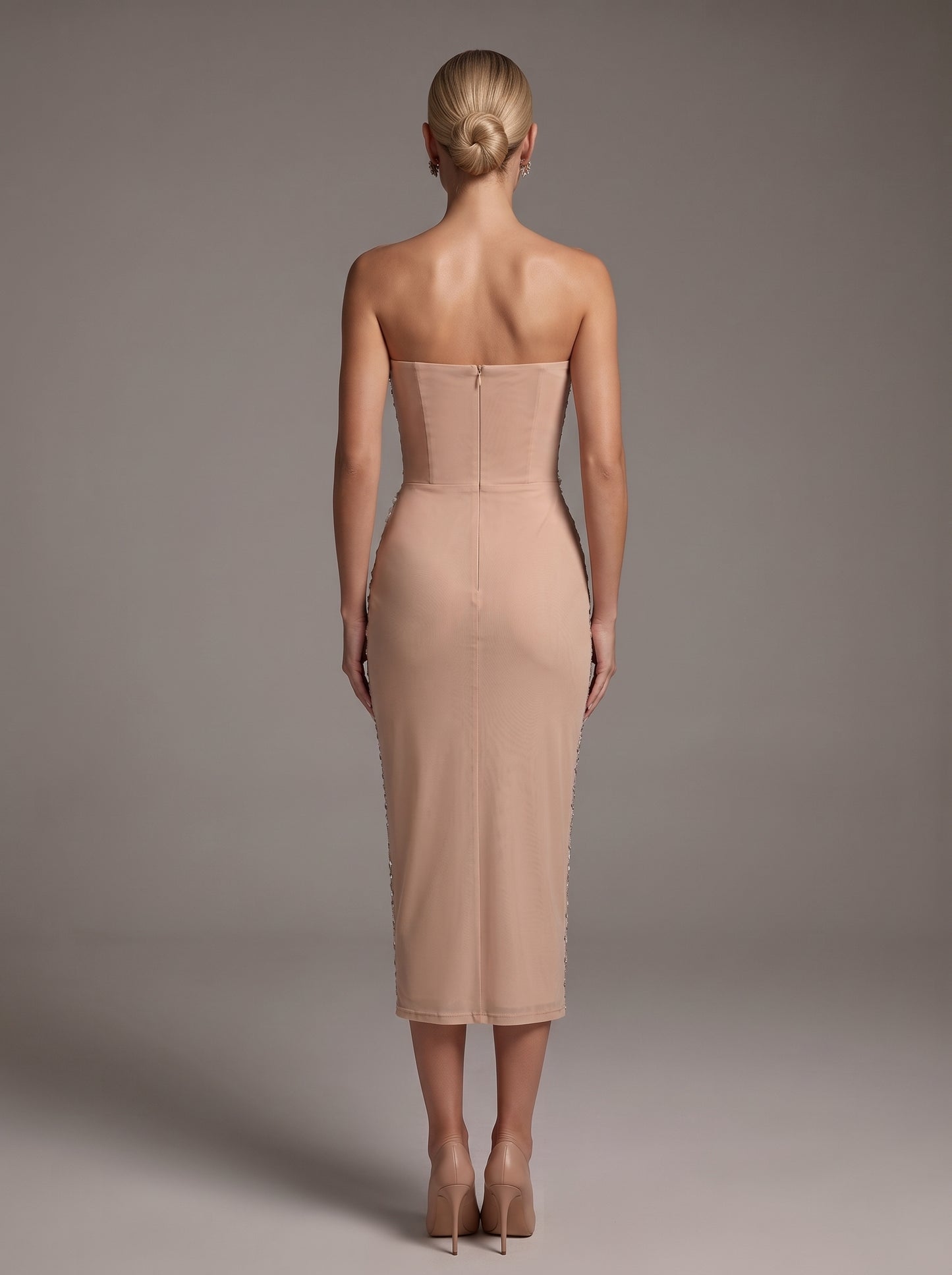 Embellished Rhinestone Lattice Midi Dress with 3D Florals - Blush