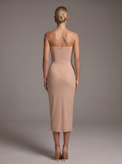 Embellished Rhinestone Lattice Midi Dress with 3D Florals - Blush