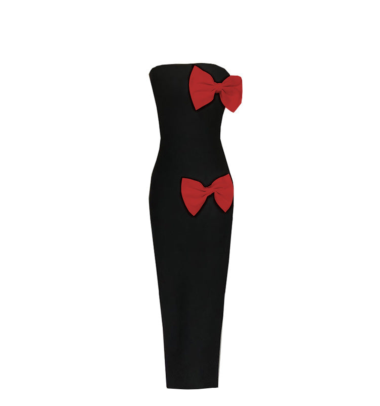 Strapless Asymmetrical Double-Bow Column Gown - Onyx Black & White